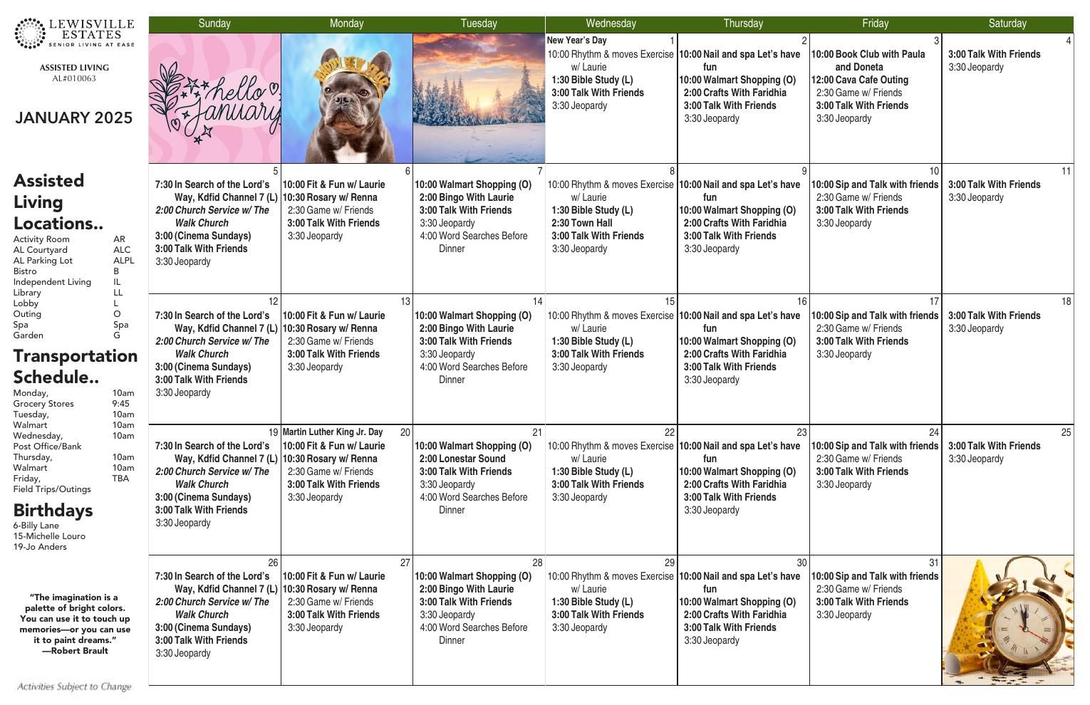 Assisted Living Event Calendar