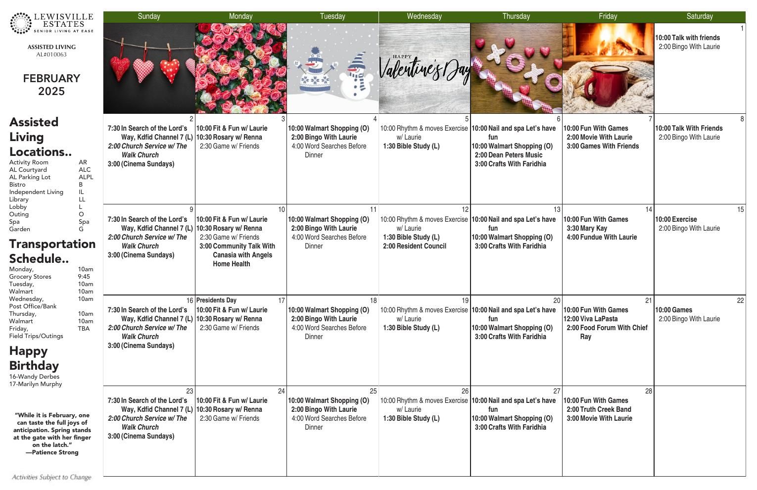 Assisted Living Event Calendar